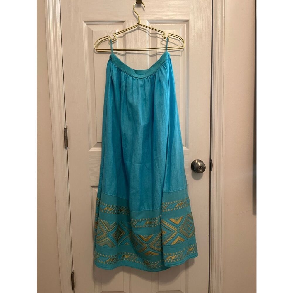 ✨ Haris Cotton Linen Skirt L Turquoise Gold Embroidered Greece Boho - Picture 2 of 9